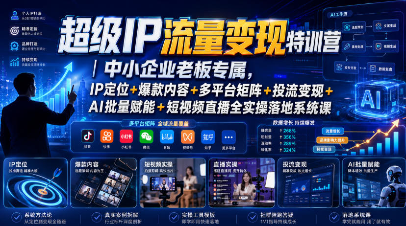 超级IP流量变现特训营｜中小企业老板专属，IP定位+爆款内容+多平台矩阵+投流变现+AI批量赋能+短视频直播全实操落地系统课|无忧资源社