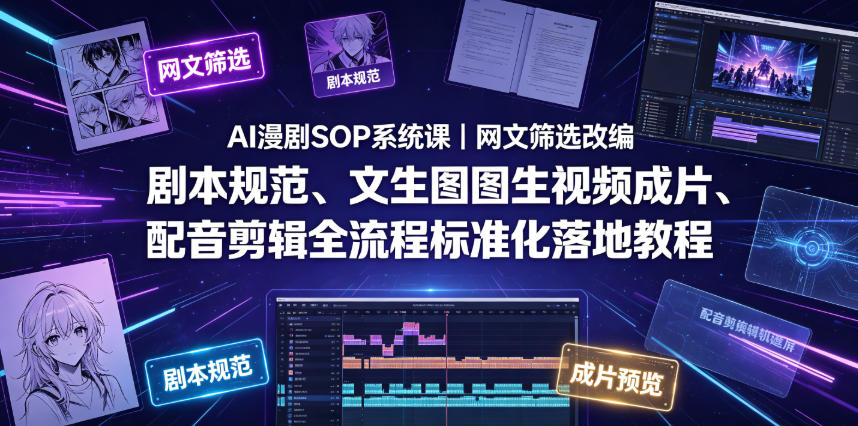 AI漫剧SOP系统课｜网文筛选改编、剧本规范、文生图图生视频成片、配音剪辑全流程标准化落地教程|无忧资源社