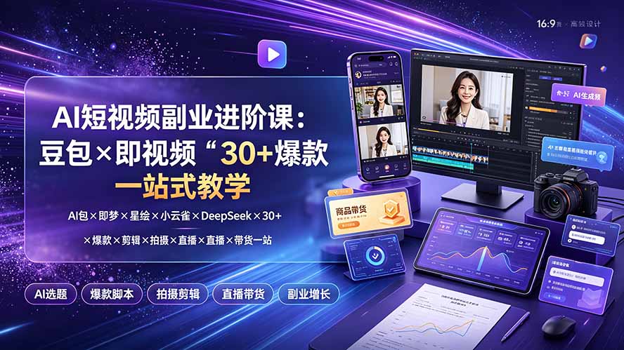 (19458期)AI短视频副业进阶课:豆包×即梦×星绘×小云雀×DeepSeek×30+爆款×剪辑×拍摄×直播×带货一站式教学|无忧资源社