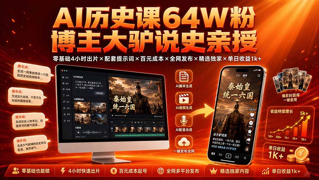 （19557期）AI历史课64W粉博主大驴说史亲授：零基础4小时出片×配套提示词×百元成本×全网发布×精选独家×单日收益1k+|无忧资源社