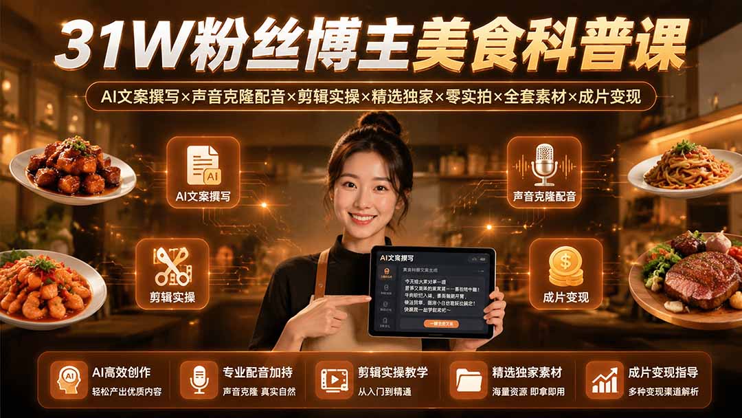 （19558期）31W粉丝博主美食科普课：AI文案撰写×声音克隆配音×剪辑实操×精选独家×零实拍×全套素材×成片变现|无忧资源社