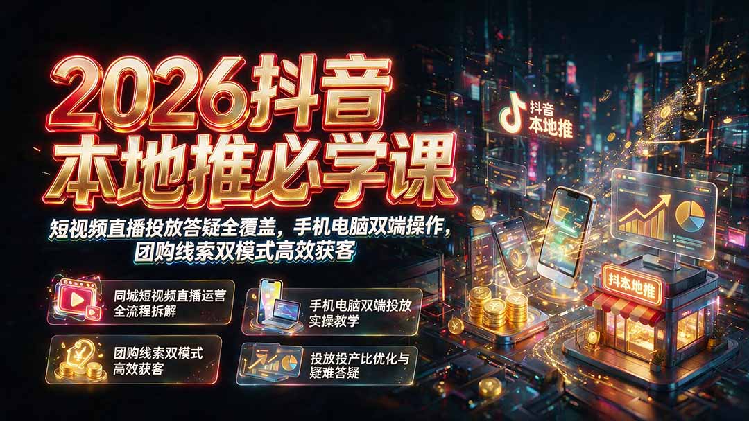 （19618期）2026抖音本地推必学课｜短视频直播投放答疑全覆盖，手机电脑双端操作，团购线索双模式高效获客|无忧资源社