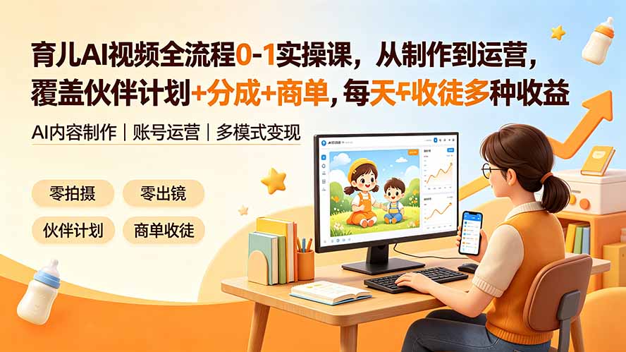 （19236期）育儿AI视频全流程0-1实操课，从制作到运营，覆盖伙伴计划+分成+商单+收徒多种收益，每天500+收益|无忧资源社