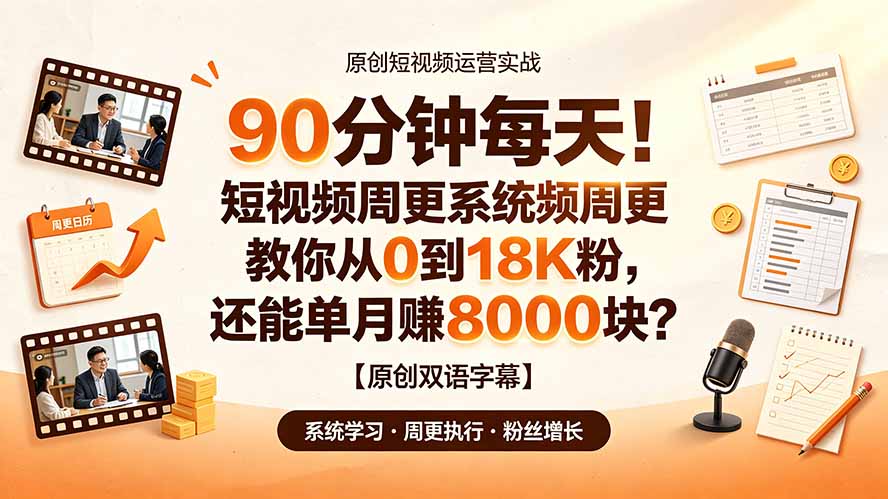 （19265期）90 分钟每天！短视频周更系统教你从 0 到 18K 粉，还能单月赚 8000 块？【原创双语字幕】|无忧资源社