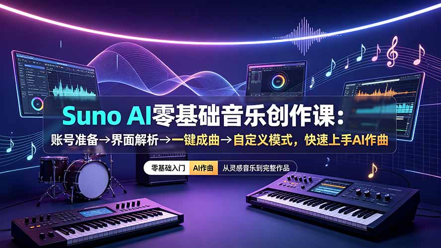 （19264期）Suno AI零基础音乐创作课：账号准备→界面解析→一键成曲→自定义模式，快速上手AI作曲|无忧资源社