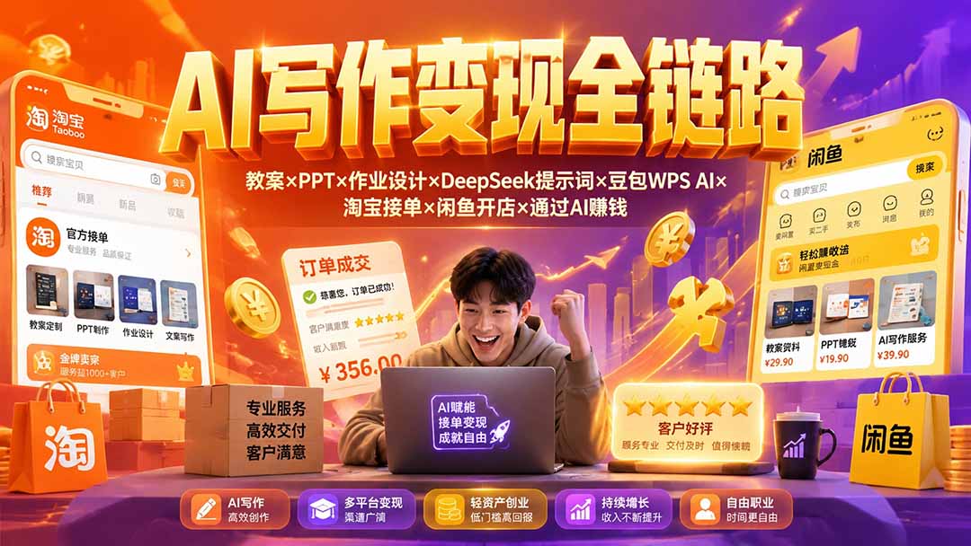 （19561期）2026AI写作变现全链路：教案×PPT×作业设计×DeepSeek提示词×豆包WPS AI×淘宝接单×闲鱼开店×通过AI賺钱|无忧资源社