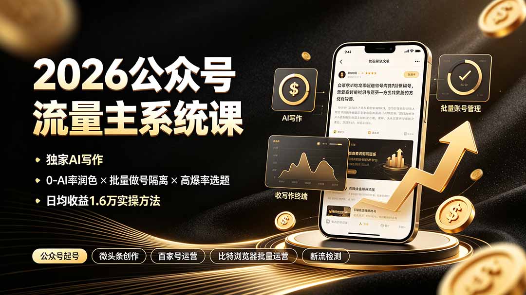 （19405期）2026公众号流量主系统课：独家AI写作×0-AI率润色×批量做号隔离×高爆率选题，日均收益1.6万实操方法|无忧资源社