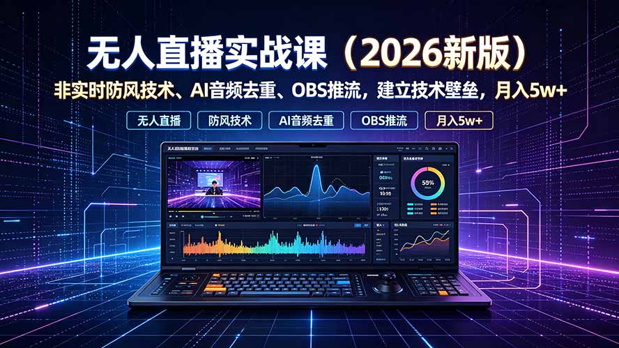 （19525期）无人直播实战课（更新7月），非实时防风技术、AI音频去重、OBS推流，建立技术壁垒，月入5w+|无忧资源社