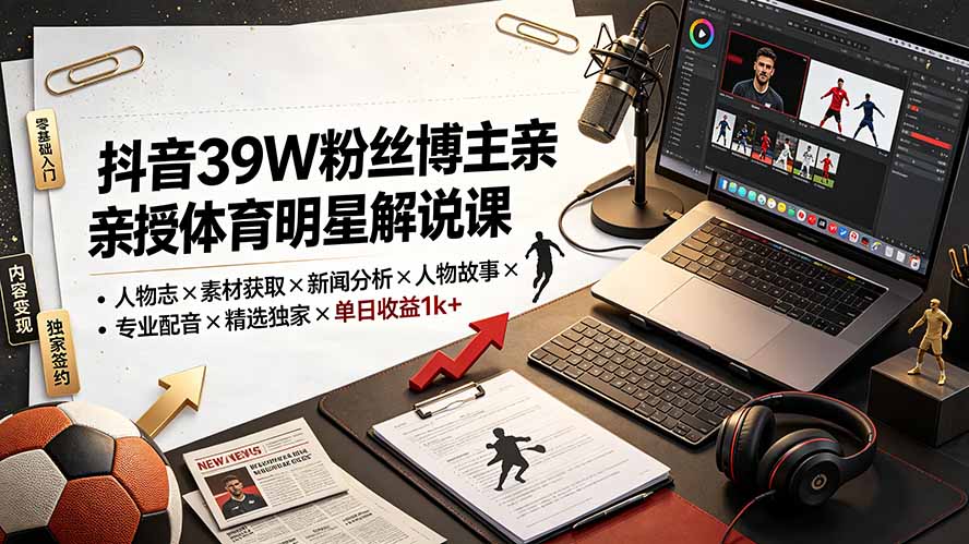 （19476期）抖音39W粉丝博主亲授体育明星解说课：人物志×素材获取×新闻分析×人物故事×专业配音×精选独家×单日收益1k+|无忧资源社