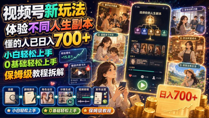 视频号新玩法体验不同人生副本，懂的人已日入700+，小白轻松上手，0基础轻松上手，保姆级教程拆解|无忧资源社