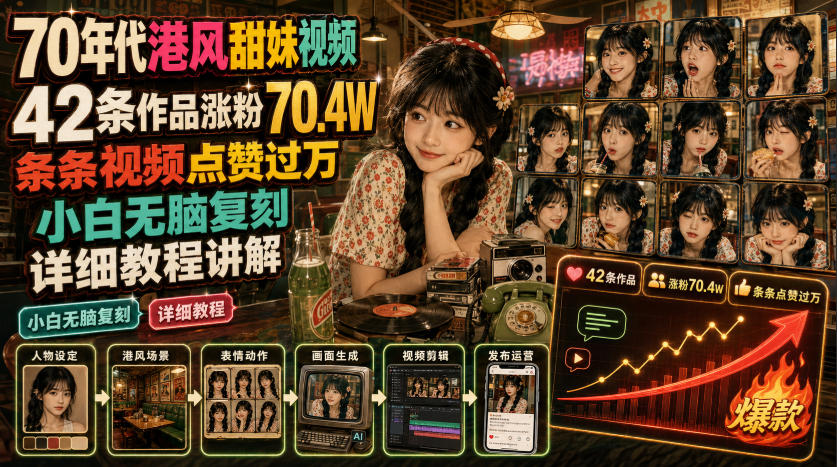 70年代港风甜妹视频，42条作品涨粉70.4W，条条视频点赞过万，小白无脑复刻，详细教程讲解|无忧资源社