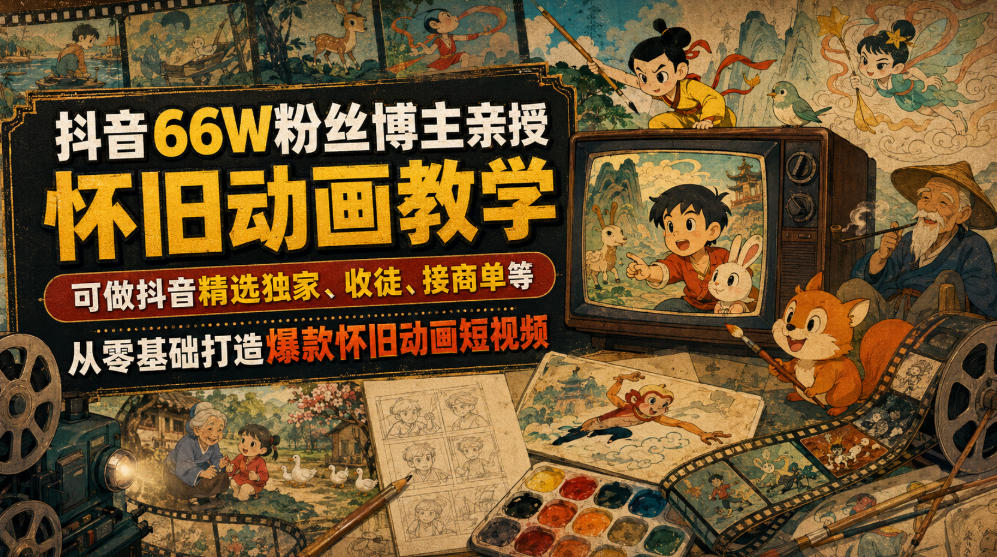 抖音66W粉丝博主亲授怀旧动画教学，可做抖音精选独家、收徒、接商单等，从零基础打造爆款怀旧动画短视频|无忧资源社
