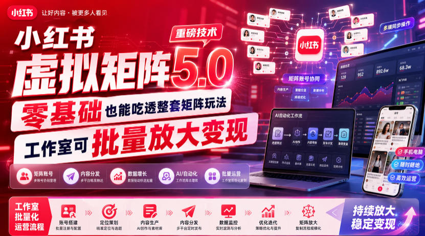 小红书虚拟矩阵5.0重磅技术，零基础也能吃透整套矩阵玩法，工作室可批量放大变现|无忧资源社