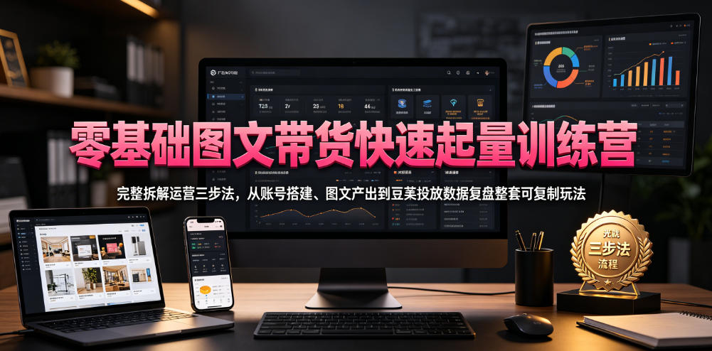 零基础图文带货快速起量训练营，完整拆解运营三步法，从账号搭建、图文产出到豆荚投放数据复盘整套可复制玩法|无忧资源社