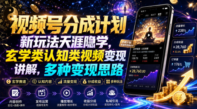视频号分成计划新玩法天涯隐学，玄学类认知类视频变现讲解，多种变现思路|无忧资源社