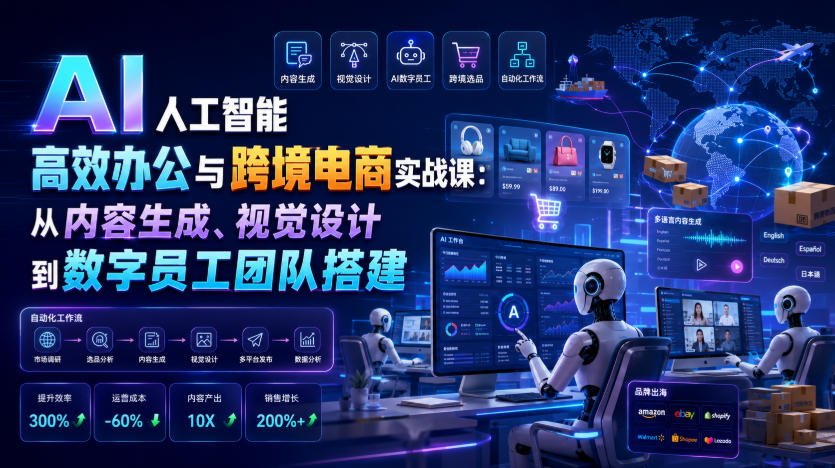 AI人工智能高效办公与跨境电商实战课：从内容生成、视觉设计到数字员工团队搭建|无忧资源社