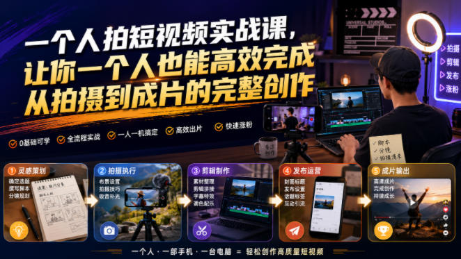 一个人拍短视频实战课，让你一个人也能高效完成从拍摄到成片的完整创作|无忧资源社