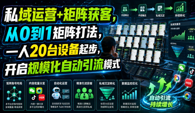 私域运营+矩阵获客，从0到1矩阵打法，一人20台设备起步，开启规模化自动引流模式！|无忧资源社