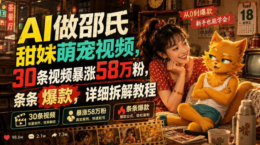 AI做邵氏甜妹萌宠视频，30条视频暴涨58万粉，条条爆款，详细拆解教程|无忧资源社