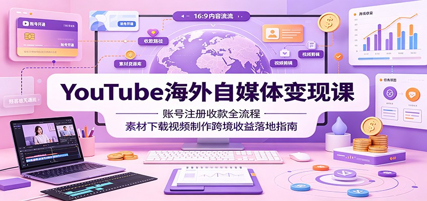 YouTube海外自媒体变现课：账号注册收款全流程，素材下载视频制作跨境收益落地指南|无忧资源社