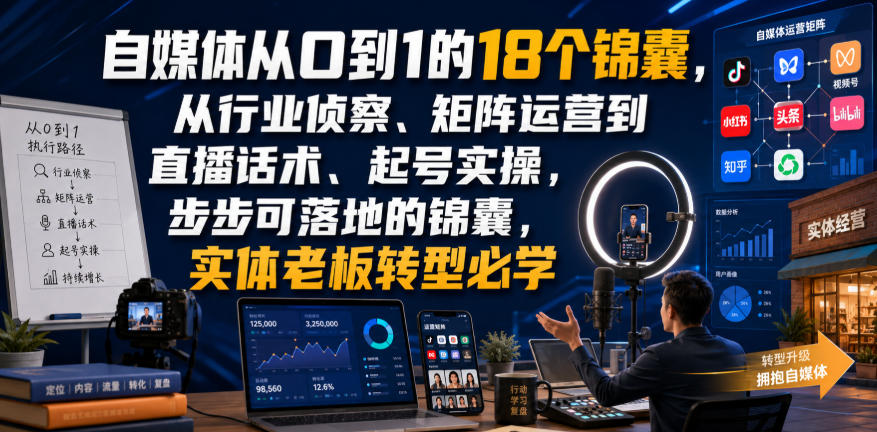 自媒体从0到1的18个锦囊，从行业侦察、矩阵运营到直播话术、起号实操，步步可落地的锦囊，实体老板转型必学|无忧资源社