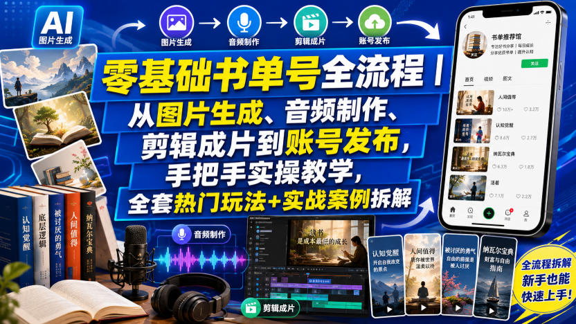 零基础书单号全流程｜从图片生成、音频制作、剪辑成片到账号发布，手把手实操教学，全套热门玩法+实战案例拆解|无忧资源社