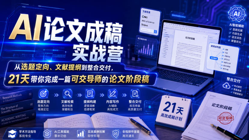 AI论文成稿实战营，从选题定向、文献提纲到整合交付，21天带你完成一篇可交导师的论文阶段稿|无忧资源社