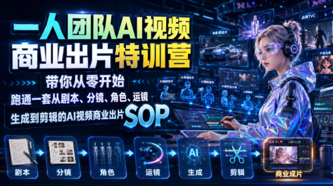 一人团队AI视频商业出片实战课：带你从零开始跑通一套从剧本、分镜、角色、运镜、生成到剪辑的AI视频商业出片SOP|无忧资源社