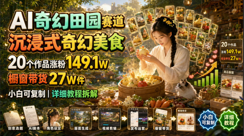 AI奇幻田园赛道，沉浸式奇幻美食，20个作品涨粉149.1W，橱窗带货27W件，小白可复制，详细教程拆解|无忧资源社