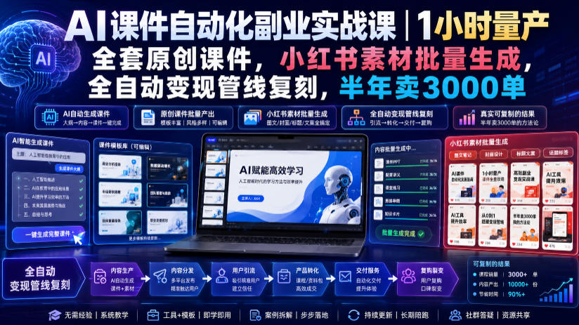 AI课件自动化副业实战课｜1小时量产全套原创课件，小红书素材批量生成，全自动变现管线复刻，半年卖3000单|无忧资源社