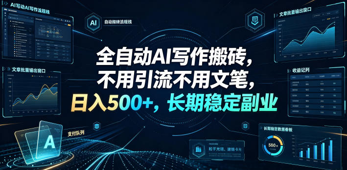 全自动AI写作搬砖，不用引流不用文笔，日入500+，长期稳定副业【揭秘】|无忧资源社