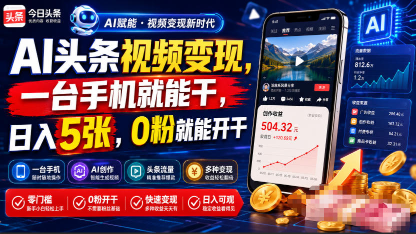 AI头条视频变现，一台手机就能干，日入5张，0粉就能开干|无忧资源社