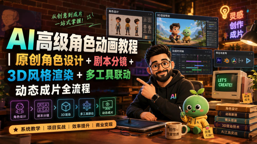AI高级角色动画教程｜原创角色设计+剧本分镜+3D风格渲染+多工具联动动态成片全流程【中英字幕】|无忧资源社
