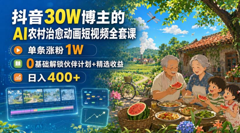 抖音30W博主的AI农村治愈动画短视频全套课｜单条涨粉1W，0基础解锁伙伴计划+精选收益，日入400+|无忧资源社