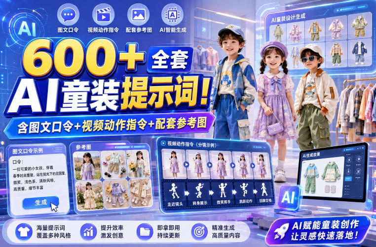 600+全套AI童装提示词！含图文口令+视频动作指令+配套参考图，Word-Excel规整分类，童装电商、种草无脑量产内容！|无忧资源社