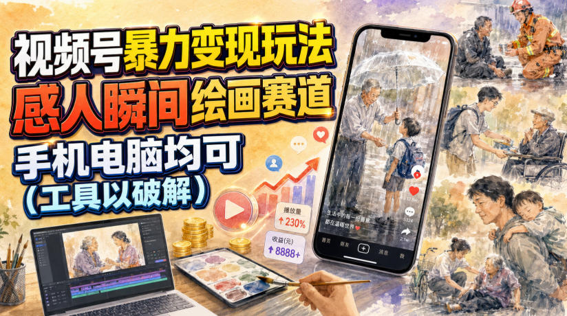 视频号暴力变现玩法，感人瞬间绘画赛道，手机电脑均可|无忧资源社