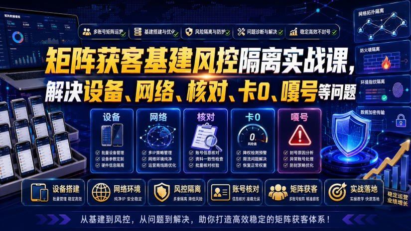 矩阵获客基建风控隔离实战课，解决设备、网络、核对、卡0、嘎号等问题|无忧资源社