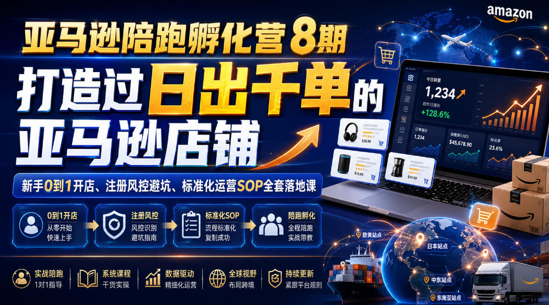亚马逊陪跑孵化营8期，打造过日出千单的亚马逊店铺，新手0到1开店、注册风控避坑、标准化运营SOP全套落地课|无忧资源社