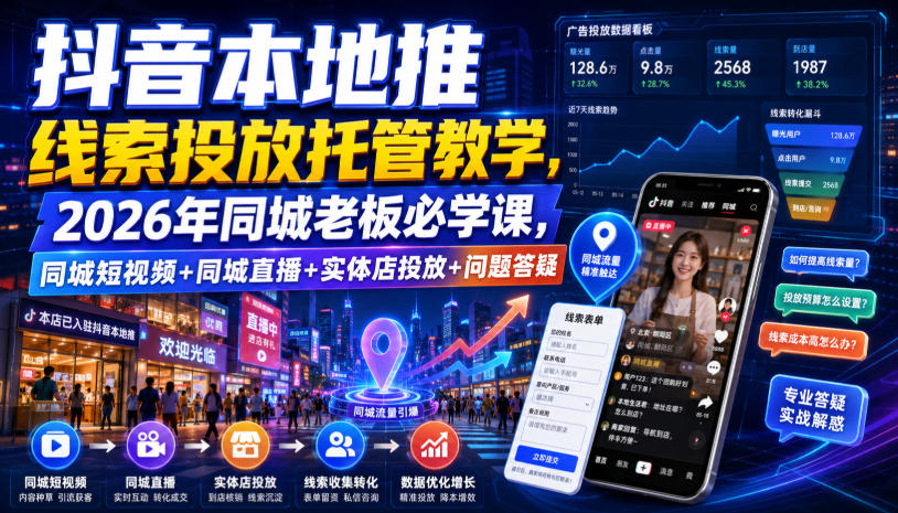 抖音本地推线索投放托管教学，2026年同城老板必学课，同城短视频+同城直播+实体店投放+问题答疑|无忧资源社