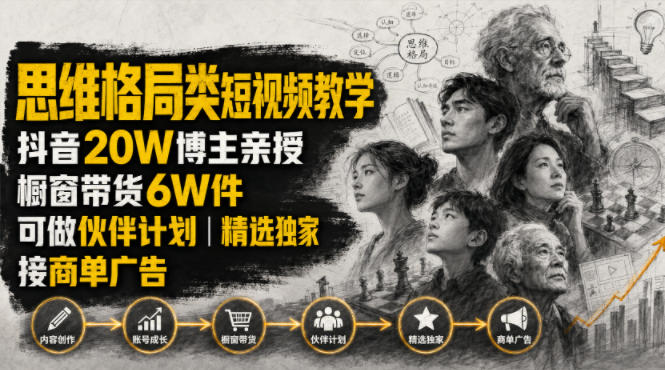 人性思维格局类短视频教学，抖音20W博主亲授，橱窗带货6W件，可做伙伴计划、精选独家、接商单广告|无忧资源社