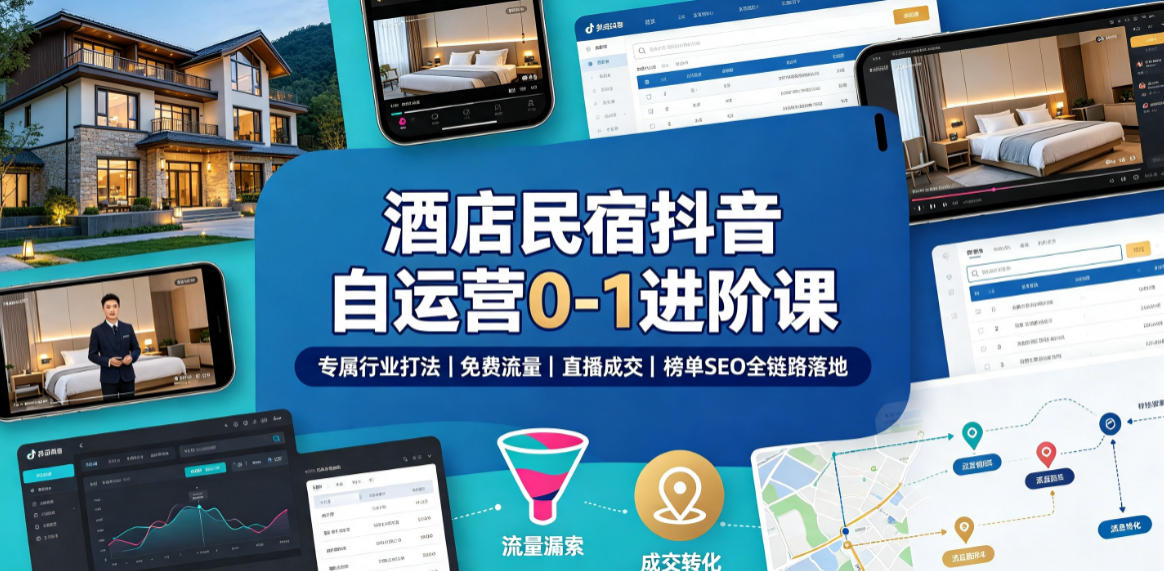 酒店民宿抖音自运营0-1进阶课｜专属行业打法、免费流量+直播成交+榜单SEO全链路落地|无忧资源社