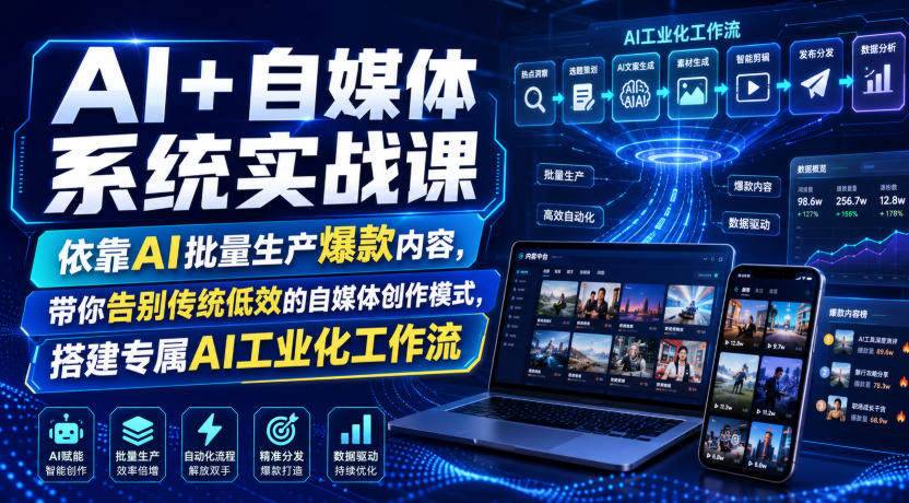 AI+自媒体系统实战课，依靠AI批量生产爆款内容，带你告别传统低效的自媒体创作模式，搭建专属AI工业化工作流|无忧资源社
