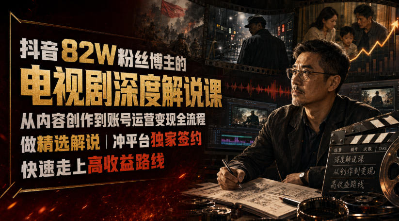 抖音82W粉丝博主的电视剧深度解说课，从内容创作到账号运营变现全流程，做精选解说，冲平台独家签约，快速走上高收益路线|无忧资源社
