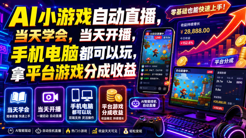 AI小游戏自动直播,当天学会,当天开播,手机电脑都可以玩,拿平台游戏分成收益|无忧资源社