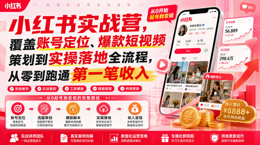 小红书实战营，覆盖账号定位、爆款短视频策划到实操落地全流程，从零到跑通第一笔收入|无忧资源社