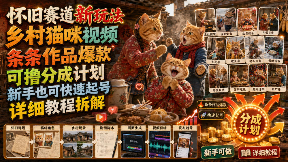 怀旧赛道新玩法，乡村猫咪视频，条条作品爆款，可撸分成计划，新手也可快速起号，详细教程拆解|无忧资源社
