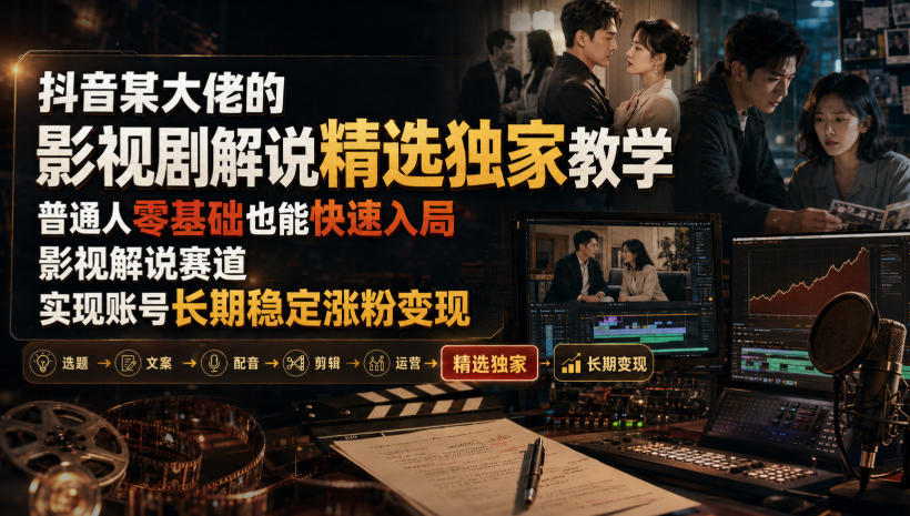 抖音某大佬的影视剧解说精选独家教学，普通人零基础也能快速入局影视解说赛道，实现账号长期稳定变现|无忧资源社