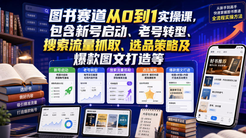 图书赛道从0到1实操课，包含新号启动、老号转型、搜索流量抓取、选品策略及爆款图文打造等|无忧资源社