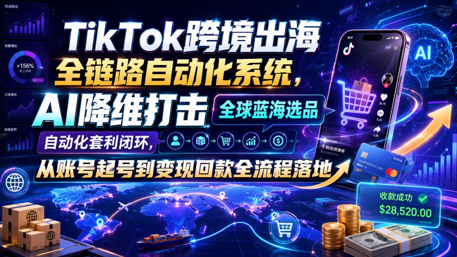 TikTok跨境出海全链路自动化系统，AI降维打击全球蓝海选品自动化套利闭环，从账号起号到变现回款全流程落地（2026年7月）|无忧资源社
