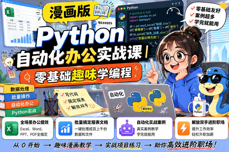 漫画版Python自动化办公实战课｜零基础趣味学编程，全场景办公提效、批量搞定报表文档、解放双手进阶职场|无忧资源社
